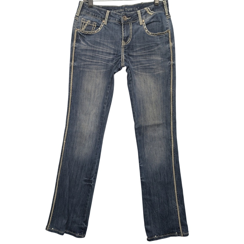 Cowgirl Tuff Co‎ Light-Bronc Women 28x35 Blue Bootcut Studded Jeans JLHTBR